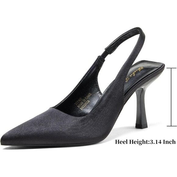 Women Black Satin Pointed Closed Toe mid Slingback Mid High Heels Stiletto Pumps - Picture 2 of 9